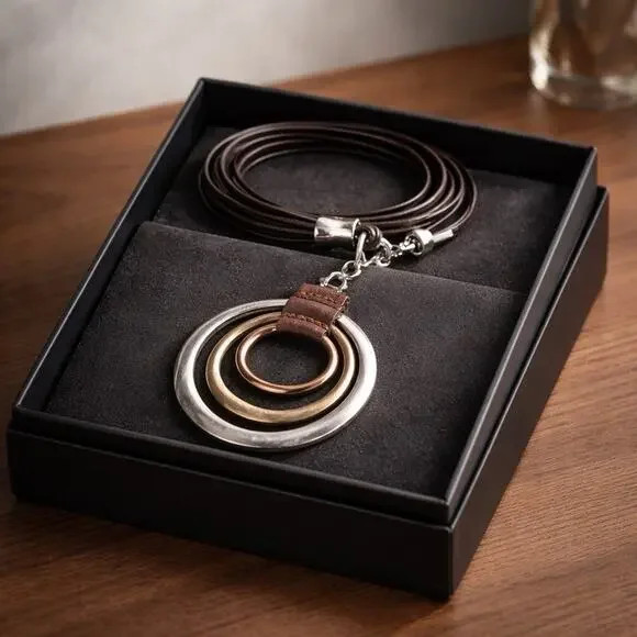 Robert Lee Morris Soho Multi-Tone Circle Pendant Necklace On Brown Leather Cord - Picture 2 of 8